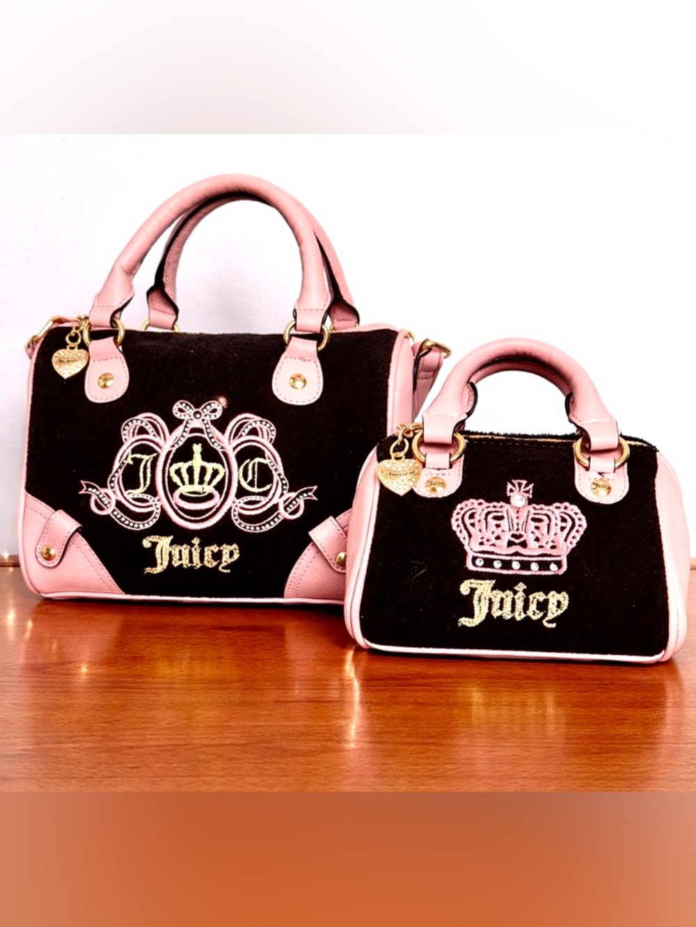 Juicy Couture Pink Brown Velour Mommy &Me  Set Crown Satchel Mini Barrel